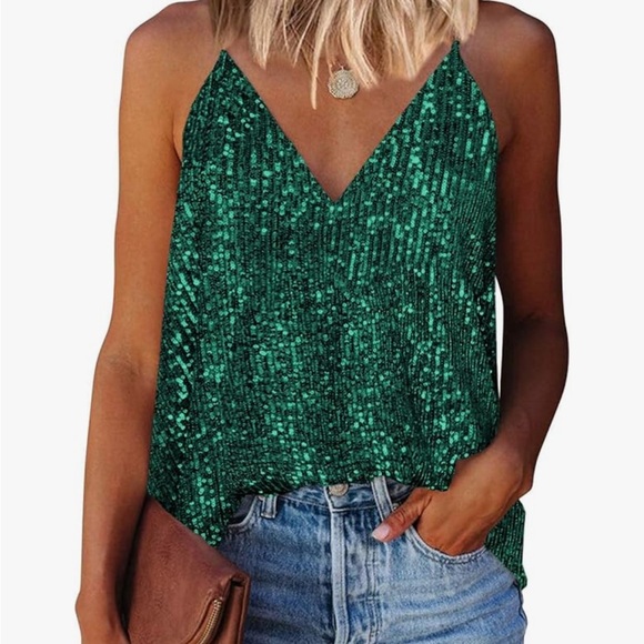 Tops - Green Sequin V-Neck Camisole